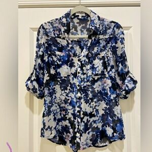 Express Blue and White 3/4 Sleeve Button Down Shirt